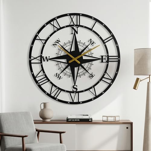 ECHORA Large Metal Compass Rose Wall Clock, Roman Numeral, Nautical Farmhouse - Image 3