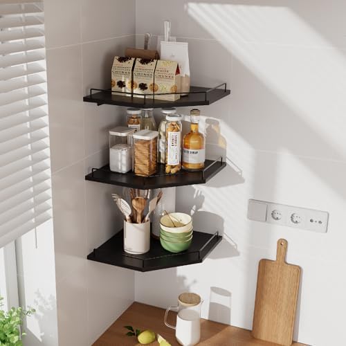 JJL Corner Shelf with Rails, 3-Tier Hexagon Floating Corner Shelf Wall Mounted - Image 6