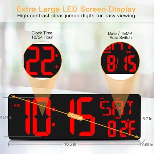 XREXS 17.2 Inch Large Digital Wall Clock - Image 2