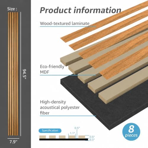 Art3d 8-Pack Soundproof Wood Slat Wall Panels, 94.5 x 7.9 Inch, Warm Teak - Image 5
