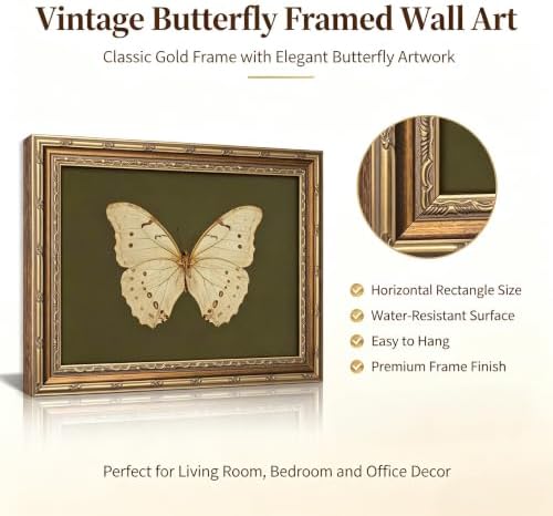 Vintage Gold Framed Wall Art Retro White Butterfly Canvas Print Dark Green - Image 4