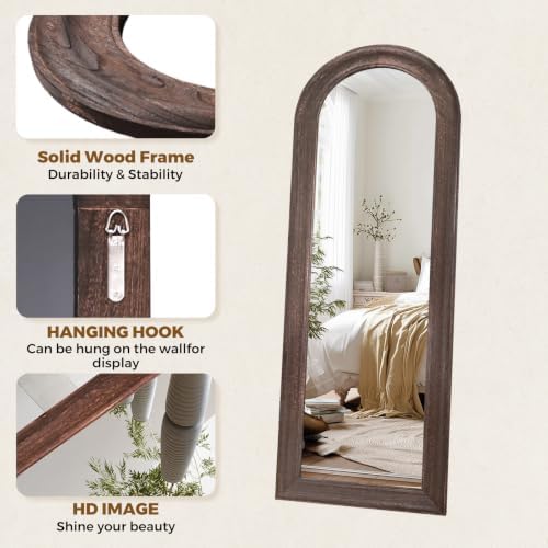 58x22 Solid Wood Arched Full Length Mirror, Elegant Brown Finish - Image 3