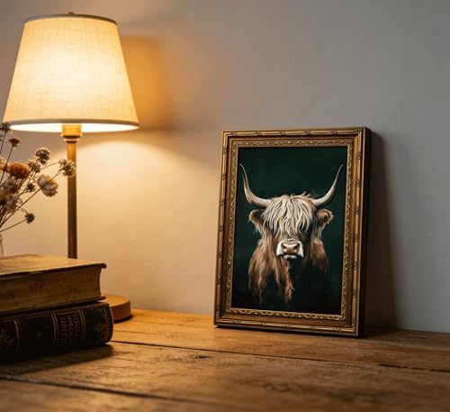 Vintage Gold Framed Canvas Wall Art, Retro Farmhouse Dark Highland Cow Painting - Image 3