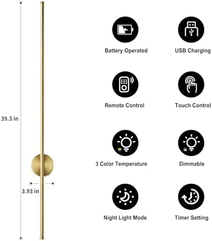 KARTOOSH Battery Operated Modern Wall Sconce Set of Two, 39.3 Inch Brass - Image 4