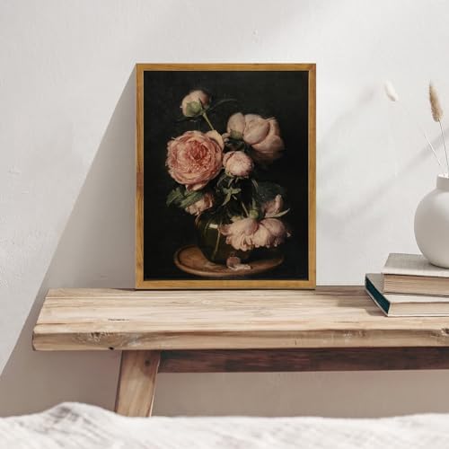 Vintage Framed Dark Pink Peony Wall Art, Retro Moody Floral Canvas Painting - Image 7