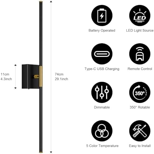 Wall Sconces Set of Two with Remote Control 29.1 in Dimmable Black Gold Battery - Image 4