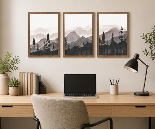 Framed Pine Forest Wall Art Set of 3, Misty Mountain Landscape, 16x24 Inch - Image 3