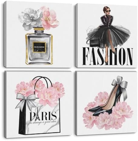4 Pcs Pink Fashion Women Wall Art Pink Flowers Perfume High Heel Wall Decor by QINGTAI