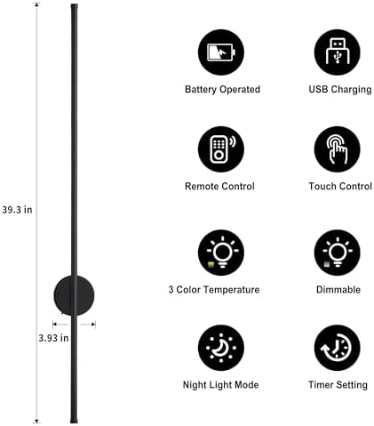 KARTOOSH Battery Operated Modern Wall Sconce Set of Two, 39.3 Inch Black - Image 4