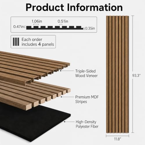 Wood Slat Wall Panel 4 Pack 93.3"x11.8", Fluted Soundproof - Image 6