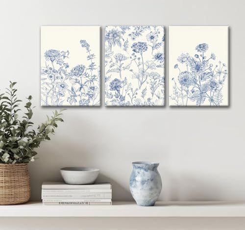 Blue Botanical Canvas Wall Art, 3 Piece Gallery Wrapped Set, 16x24 Inch - Image 6