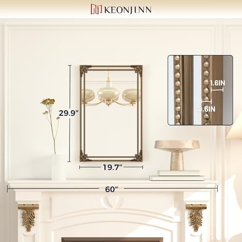 Keonjinn 20x30 Inch Gold Antique Vintage Mirror, Brass Baroque Mirror - Image 6