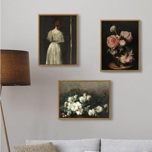 Vintage Framed Dark Pink Peony Wall Art, Retro Moody Floral Canvas Painting - Image 4