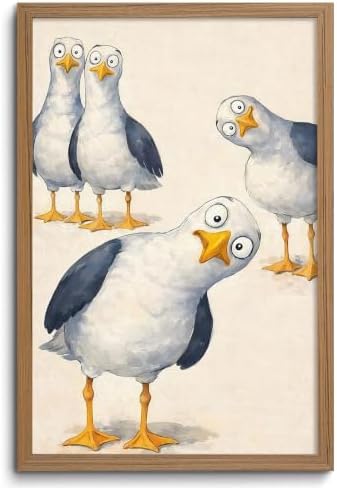 Framed Funny Seagull Wall Art Cute Bird Canvas Print Coastal wall Decor by ZMDDYSWallArt