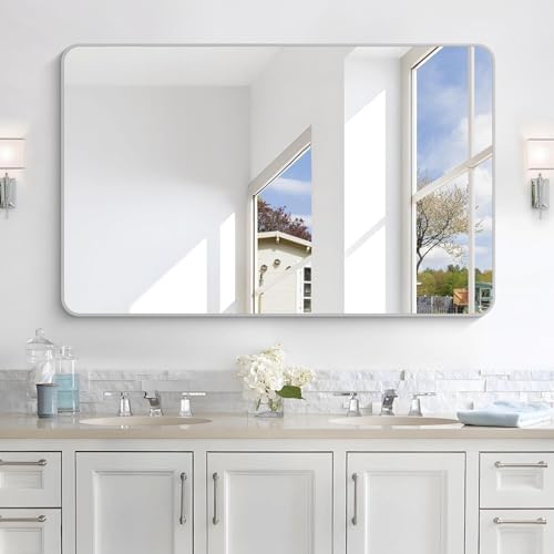 48x30 Inch Silver Bathroom Mirror, Metal Framed Silver Rectangle Mirrors - Image 2