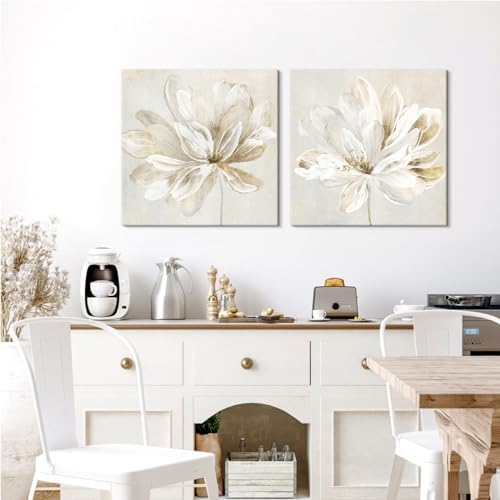 SEVEN WALL ARTS 2 Pcs Beige and Gold Flower Wall Art Blooming Flower Abstract - Image 3