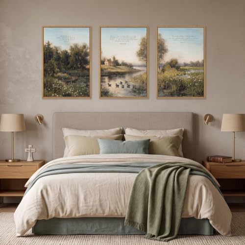 Vintage Sage Green Landscape Framed Canvas Wall Art Set, Christian Religious - Image 5