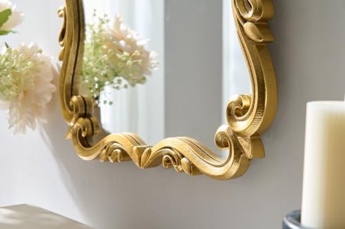 Brushed Gold Bahtroom Mirror, Rectangle Luxury Vintage Wall Mirror, Scalloped - Image 3