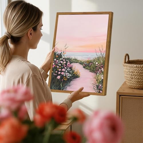 Framed Vintage Landscape Wall Art, Rustic Wildflower Nature Paintings Canvas - Image 4