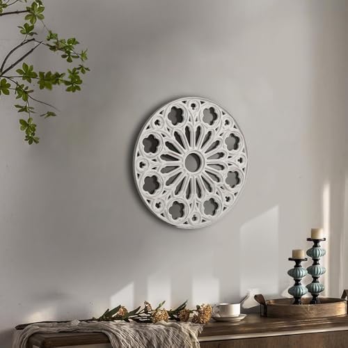 XIAOAIKA Round Hand-Carved Wood Wall Art, Floral Geometric Design, 16 Inch - Image 5