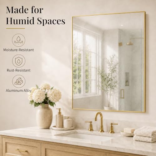 40"x30" Brushed Gold Framed Rectangle Bathroom Vanity Wall Mirror - Image 5
