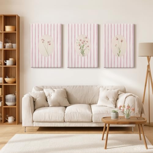 Pink Flower Wall Art Striped Floral Prints Botanical Canvas Wall Decor - Image 3