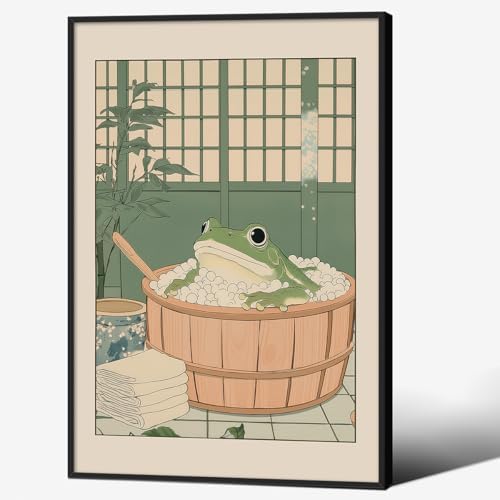 Japanese Frog in a Bathtub Wall Art Sage Green Relaxing Bathroom Posters 16X24 by Unknown
