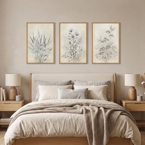 Large Neutral Flower Botanical Framed Canvas Wall Art, Boho Wildflowers Ink - Image 4