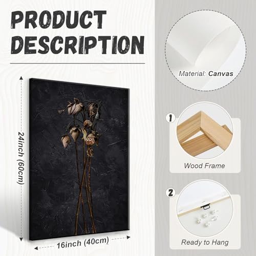 LYPHNX Framed Dark Moody Wildflowers Canvas Wall Art Black Vintage Dried Floral - Image 6