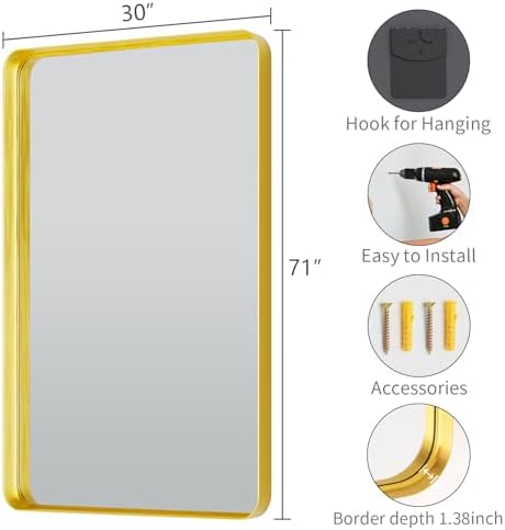 Koonmi Gold Bathroom Mirror, 30x71 Shatterproof Wall Vanity Mirror - Image 3