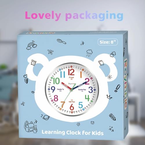 Roymnie Wall Clock for Kids Learning Battery Operated Teaching Silent 8" - Image 5
