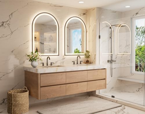 Keonjinn 26x38 Inch Black Arched LED Bathroom Mirror, Frontlit & Backlit - Image 2