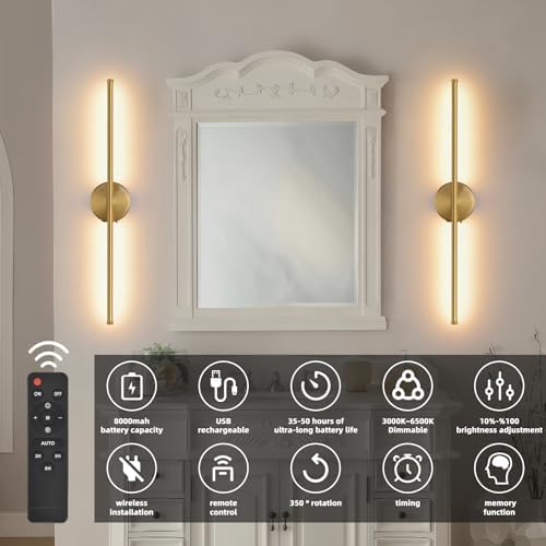 Wall Sconces Battery Operated Set of Two, 27.6 Inch Dimmable USB Rechargeable - Image 3