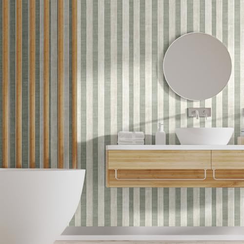 Sage Green and Cream White Textured Striped Peel and Stick Wallpaper, Self - Image 5