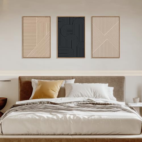 LHIUEM Large Abstract Textured Line Framed Canvas Wall Art, Boho Beige Black - Image 5
