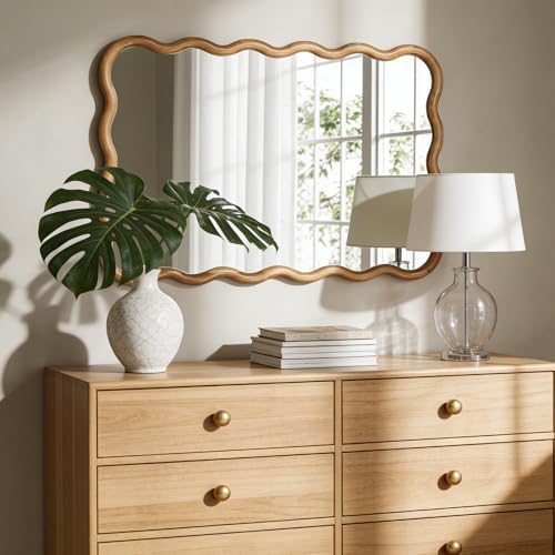 WallBeyond 24"x36" Wavy Wood Mirror, Natural Wood Boho Accent Wall Mirror - Image 4