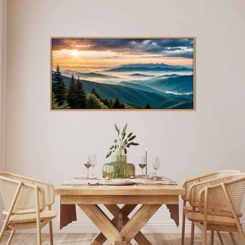 LHIUEM Large Nature Mountain Sunrise Framed Canvas Wall Art, Modern Misty Tree - Image 3