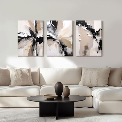 NCCXNCC 3-Piece Black and Beige Abstract Canvas Wall Art, 16x24 Inch Framed - Image 3