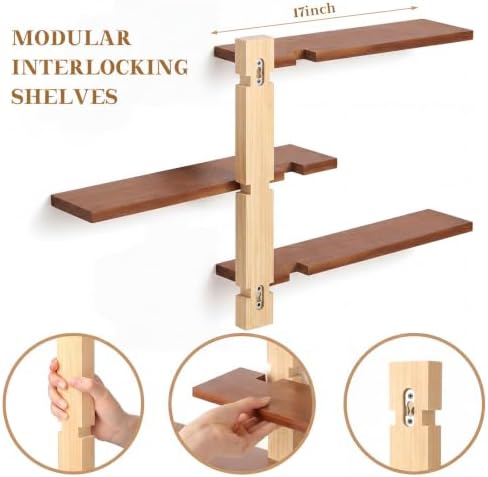 Pinkunn 2 Pack Floating Wall Shelf Mid Century Decor, Natural Wood, 3 Tier - Image 2