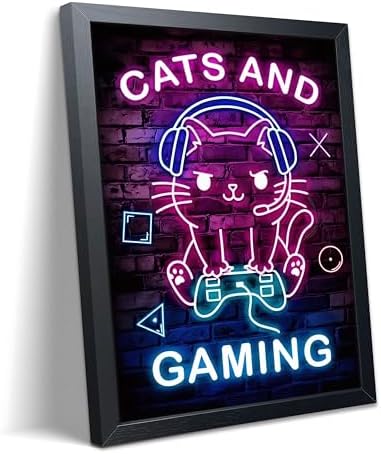 Funny Cat Gaming Wall Art, Neon Gamer Canvas Print Framed, Cute Cartoon Cat by Unknown
