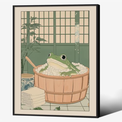 Japanese Frog in a Bathtub Wall Art Sage Green Relaxing Bathroom Posters 08x10 by Unknown