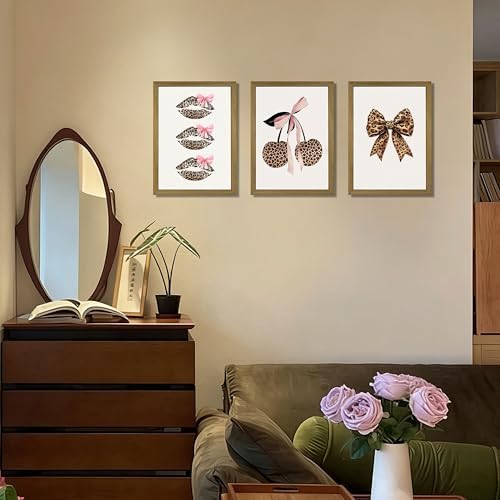 Framed Leopard Print Wall Art Set of 3, Cute Cherry Lips Bow Canvas Posters - Image 7