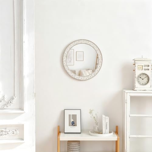 20" Round Rustic Mirror Wooden Frame Circle Mirrors, Distressed Wall Mounted - Image 3