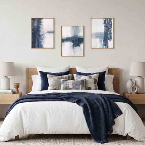 Abstract Navy Blue Grey Framed Canvas Wall Art Set, Modern Minimalist Wall Decor - Image 4