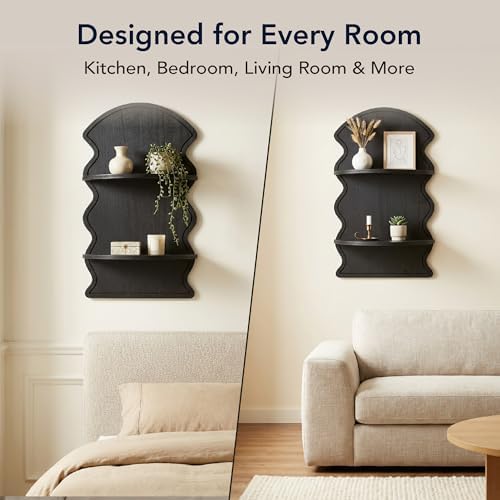 American Art Decor Black Wavy Arched Lunar Ledges Wall Shelf, Wooden 2-Tier - Image 7