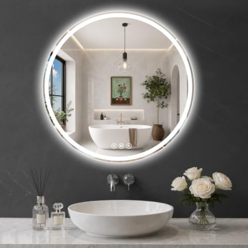 Round LED Bathroom Mirror, 32 Inch, HD Shatterproof Tempered Glass by WISSMIELSHOME