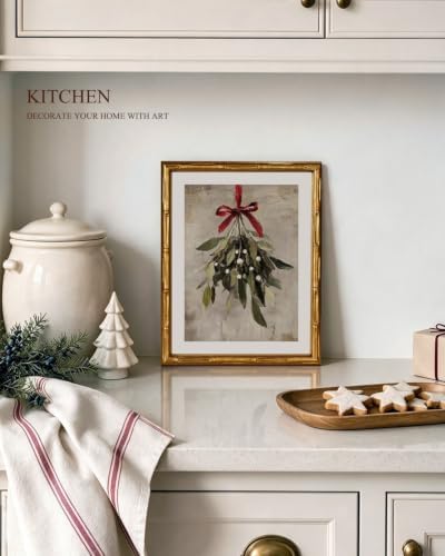 InSimSea Gold Bamboo Framed Christmas Wall Art, Retro Mistletoe - Image 4