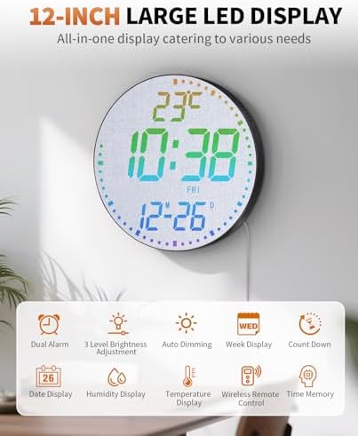 12" Large Digital Wall Mount Clock, 12 RGB Color, Fabric Elements - Image 2