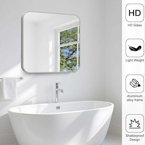 Silver Bathroom Mirror, 30 x 30 Inch Silver Square Mirror, Metal Framed - Image 5