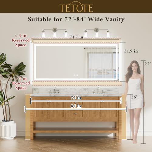 TETOTE 72 x 32 LED Bathroom Mirror, Brighter Lighted Bathroom Vanity Mirror - Image 5